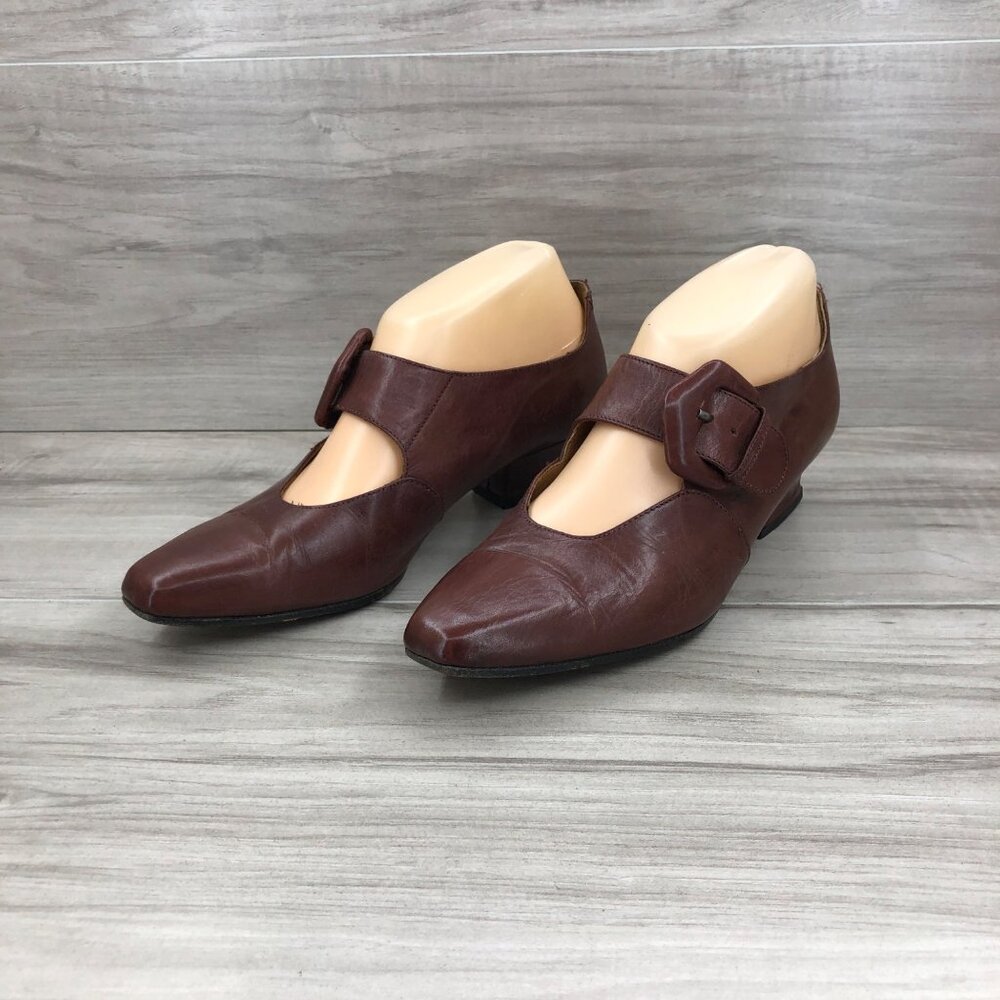 Rosella Red Mary Jane Heels Women's EU 37.5 Wine Leather Buckle Strap Shoes